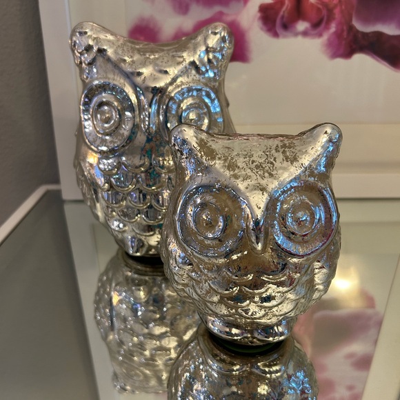 West Elm Mercury Glass Silver Glass Owl Figurines set of 2 - Picture 2 of 6